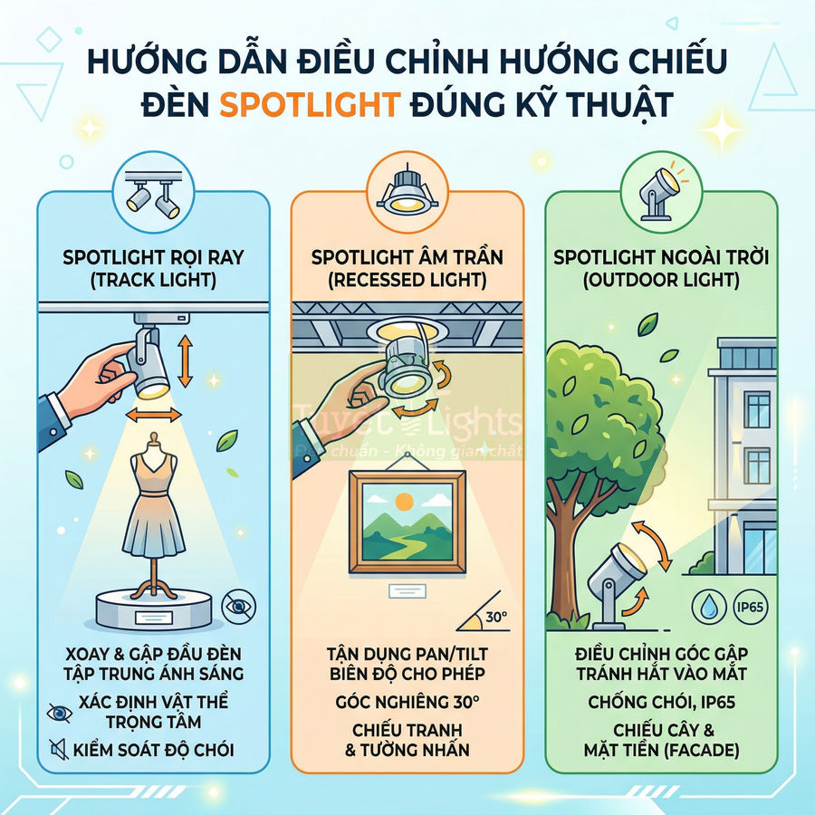 Hướng dẫn điều chỉnh hướng chiếu đèn spotlight rọi ray, âm trần và ngoài trời cho không gian chiếu sáng
