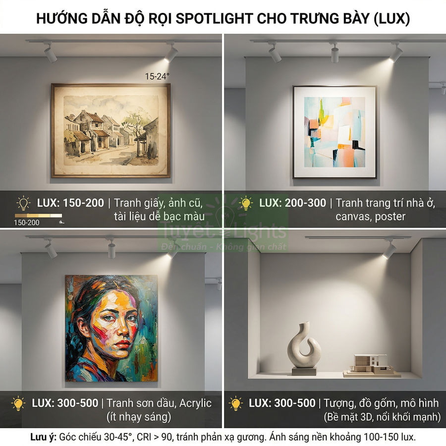 Hướng dẫn chọn độ rọi đèn spotlight cho tranh giấy, tranh canvas, tranh sơn dầu và tượng trưng bày trong nhà