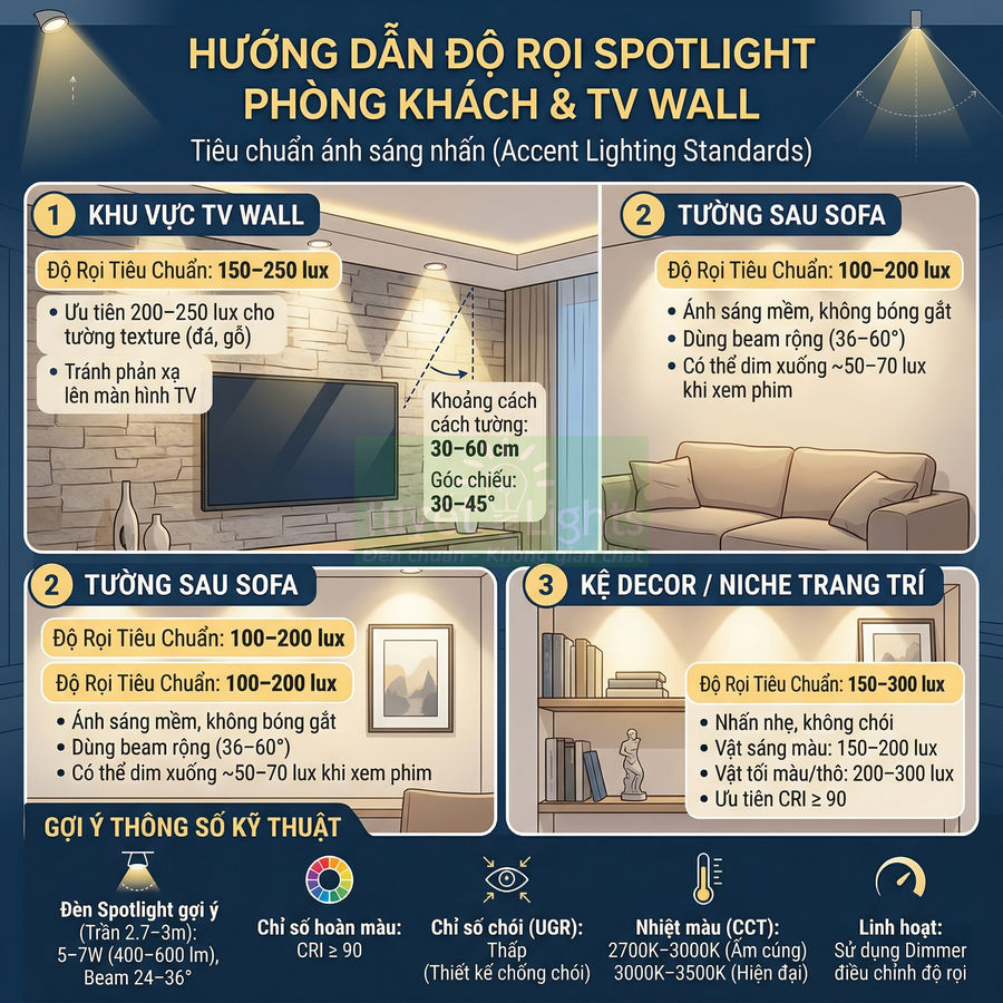 Infographic hướng dẫn bố trí đèn spotlight phòng khách và TV wall với độ rọi tiêu chuẩn cho từng khu vực