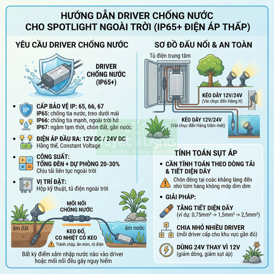 Hướng dẫn lắp đặt driver chống nước IP65 cho đèn spotlight ngoài trời và sơ đồ đấu nối an toàn