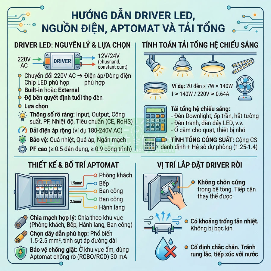 Hướng dẫn chọn driver LED, tính tải chiếu sáng và bố trí aptomat, vị trí lắp đặt driver rời