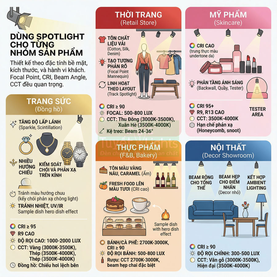 Infographic hướng dẫn dùng đèn spotlight cho thời trang, mỹ phẩm, trang sức, thực phẩm và nội thất trong cửa hàng