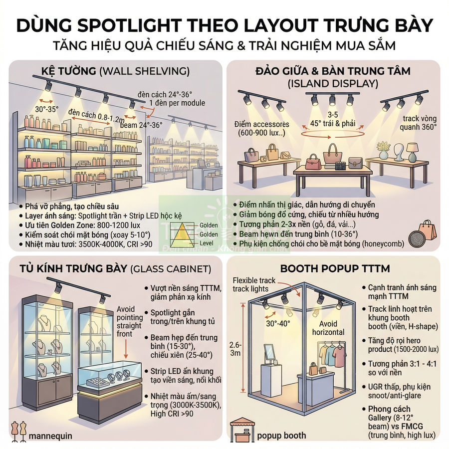 Hướng dẫn bố trí đèn spotlight chiếu sáng kệ tường, tủ kính, đảo giữa và booth popup trong cửa hàng bán lẻ