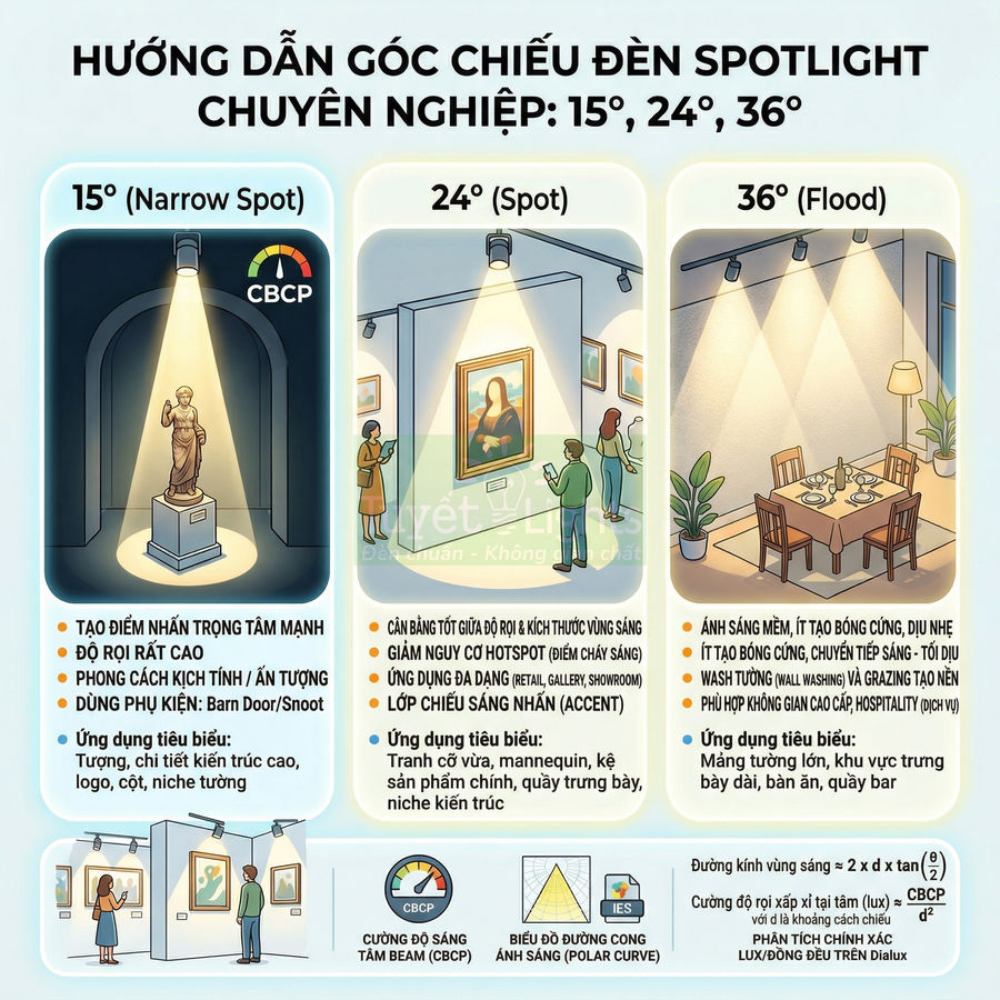 Hướng dẫn chọn góc chiếu đèn spotlight 15 24 36 độ cho trưng bày tượng tranh và bàn ăn