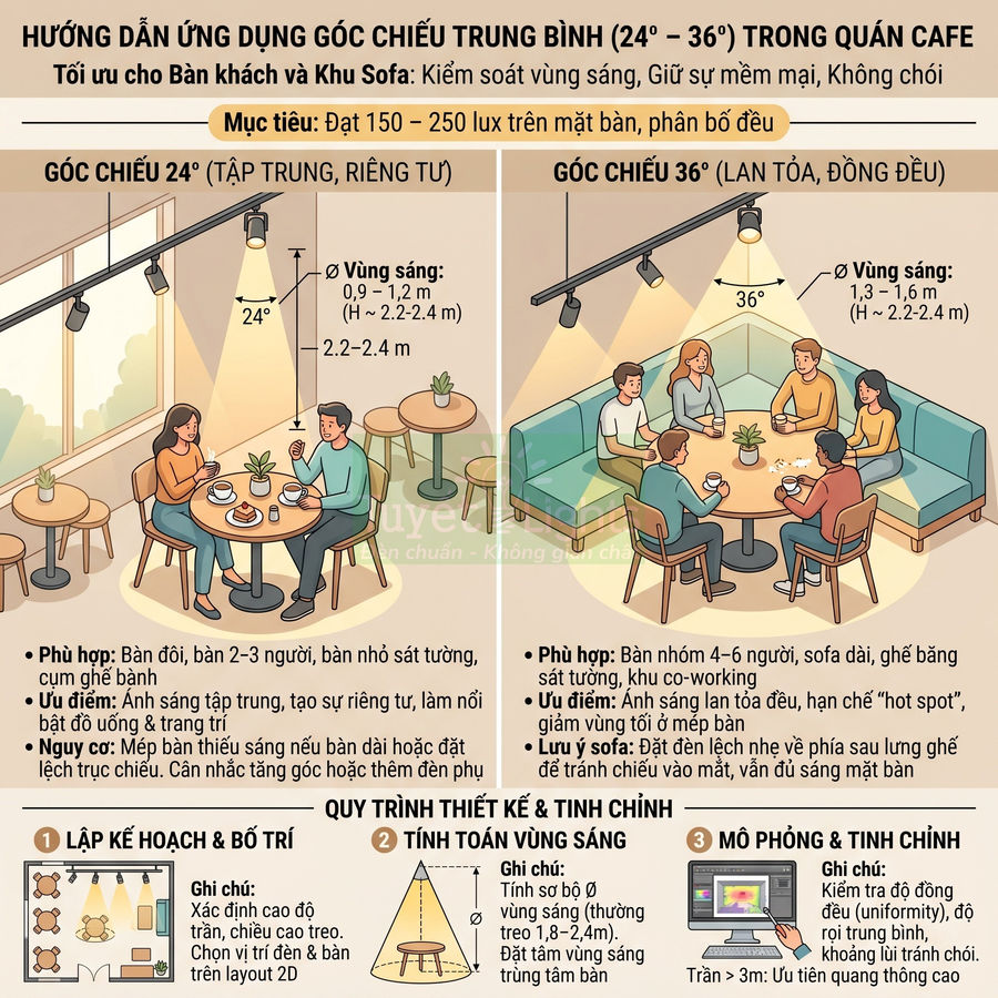 Minh họa hướng dẫn bố trí đèn rọi góc chiếu 24 36 độ tối ưu ánh sáng cho bàn khách trong quán cafe