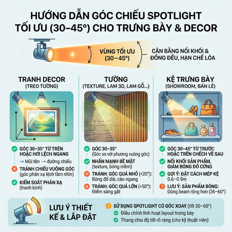 Hướng dẫn góc chiếu đèn spotlight tối ưu 30 45 độ cho tranh decor tường và kệ trưng bày sản phẩm