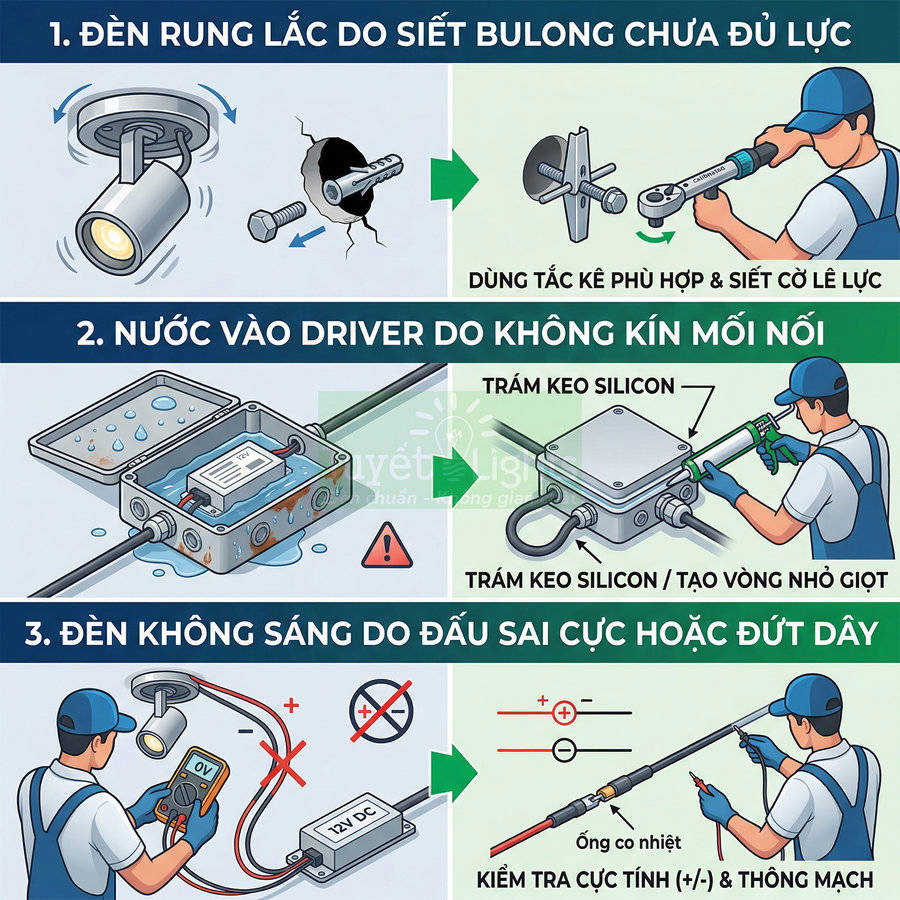 Hướng dẫn xử lý lỗi lắp đặt đèn led âm trần, chống nước cho driver và kiểm tra cực tính dây điện