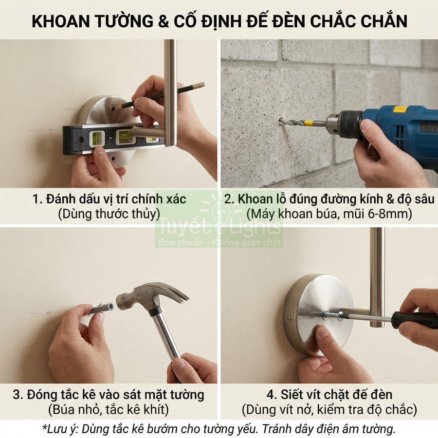 Hướng dẫn khoan tường và lắp đèn treo tường inox tròn bằng máy khoan, búa và tua vít