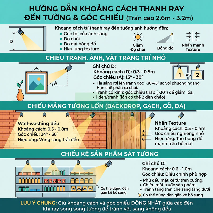 Infographic hướng dẫn khoảng cách thanh ray đèn rọi đến tường và góc chiếu cho tranh, tường lớn và kệ sản phẩm