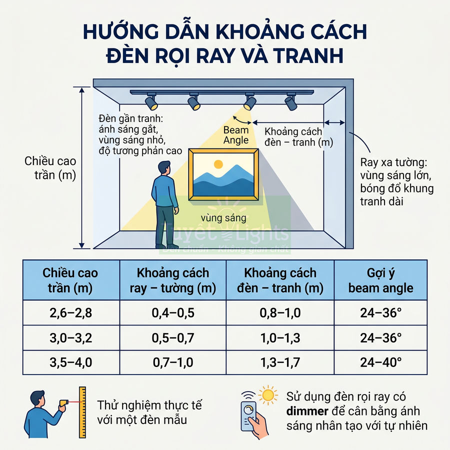 Hướng dẫn lắp đặt đèn rọi ray chiếu tranh treo tường với khoảng cách và góc chiếu sáng phù hợp