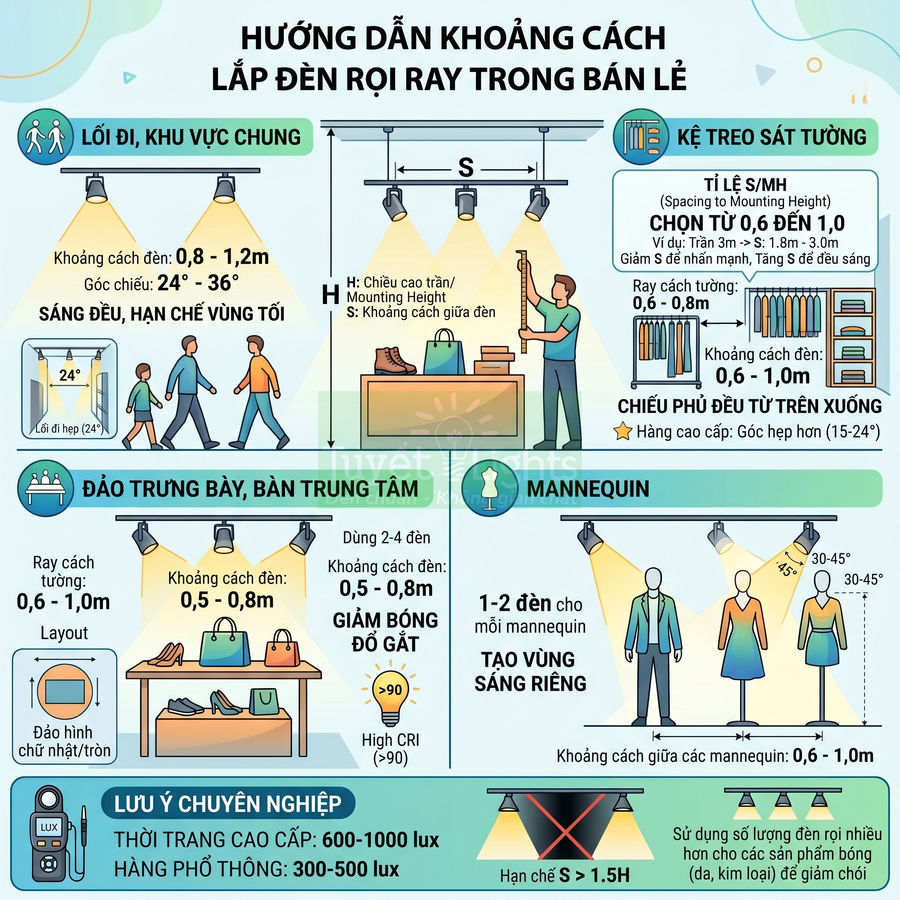 Infographic hướng dẫn khoảng cách lắp đặt đèn rọi ray trong cửa hàng bán lẻ để chiếu sáng lối đi, kệ và mannequin