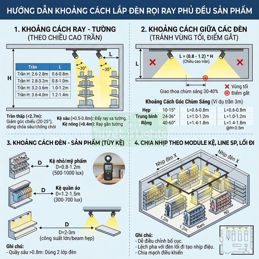 Hướng dẫn khoảng cách lắp đèn rọi ray trong cửa hàng để chiếu sáng đều kệ trưng bày sản phẩm