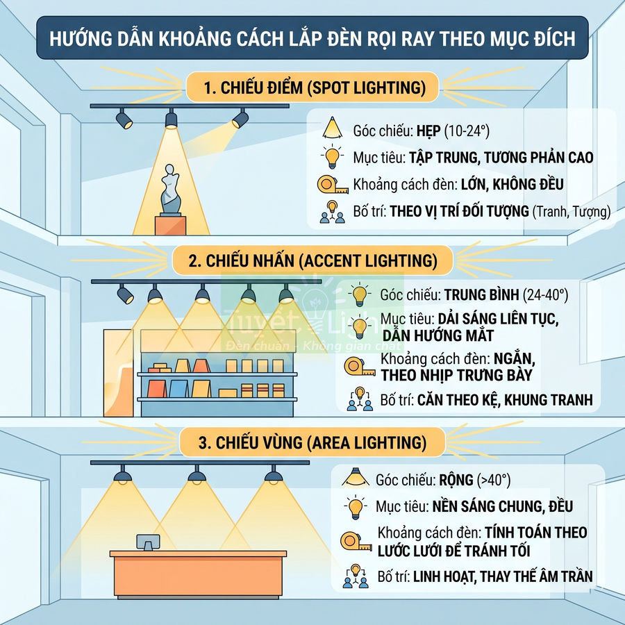 Hướng dẫn khoảng cách lắp đèn rọi ray chiếu điểm chiếu nhấn chiếu vùng cho không gian nội thất