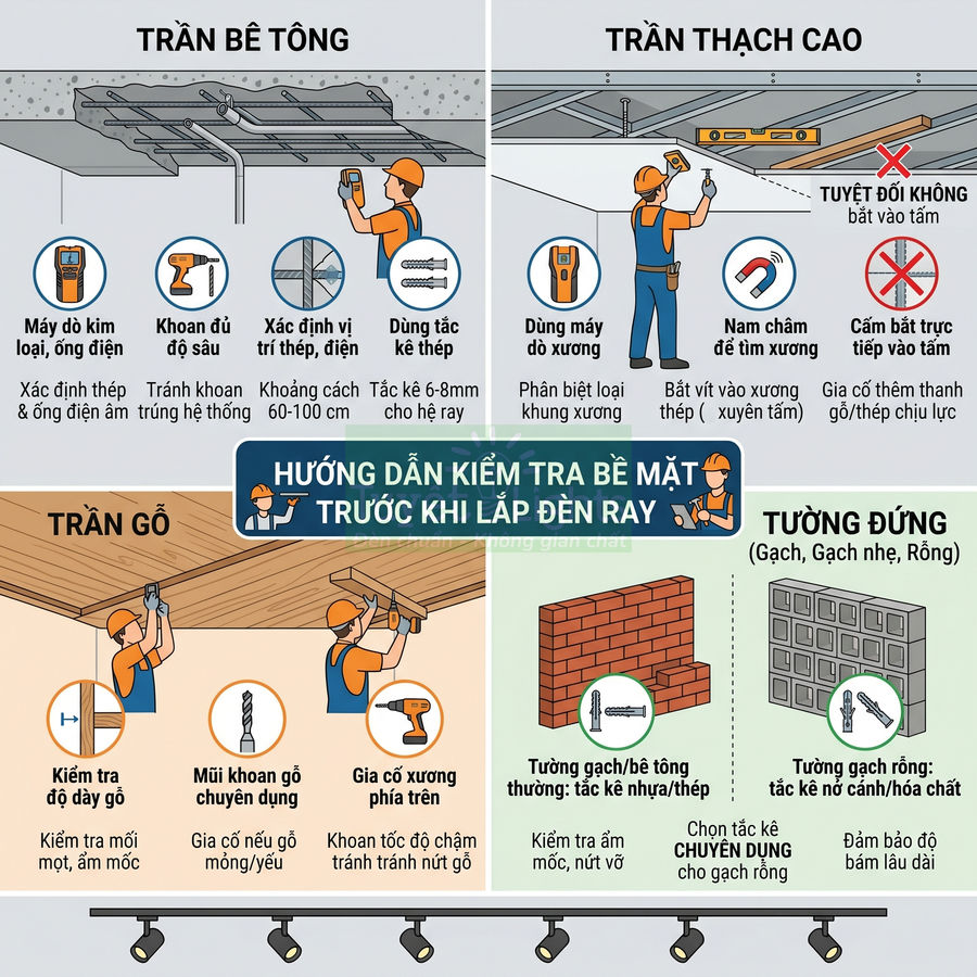 Hướng dẫn kiểm tra trần bê tông, trần thạch cao, trần gỗ và tường trước khi lắp đèn ray chiếu sáng