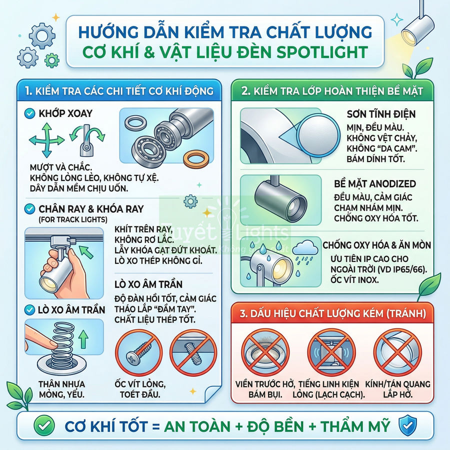 Hướng dẫn kiểm tra chất lượng cơ khí và vật liệu đèn spotlight, minh họa các chi tiết và dấu hiệu cần tránh