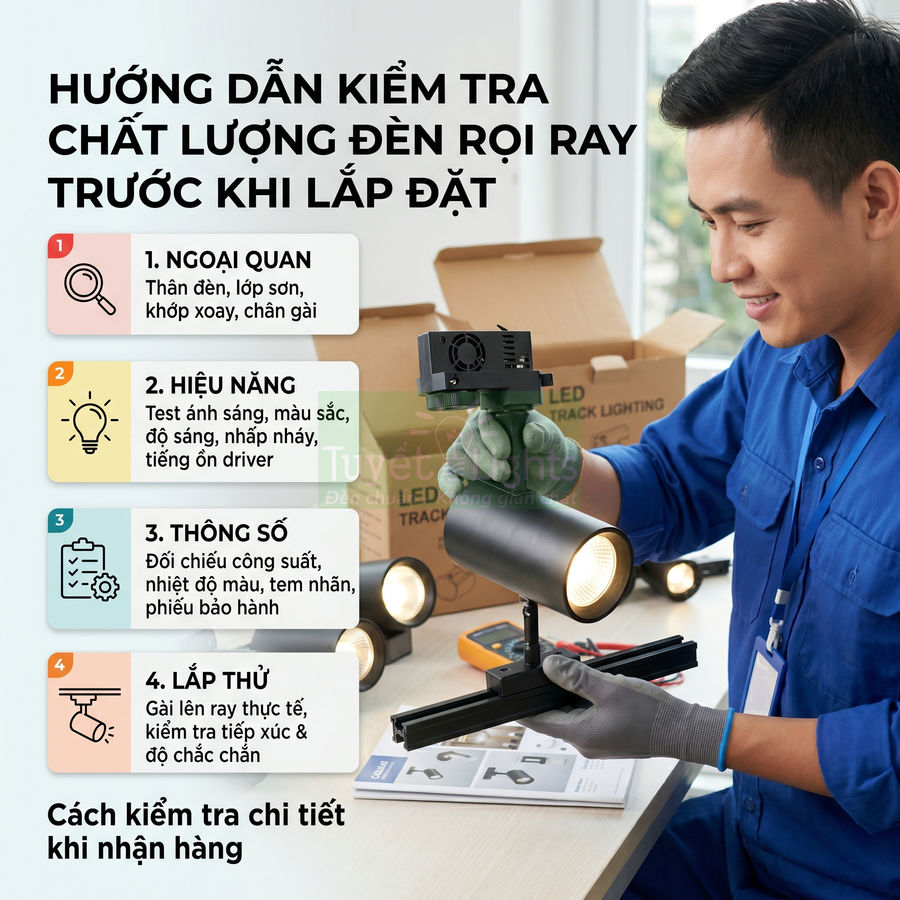 Kỹ thuật viên kiểm tra đèn rọi ray LED trên bàn làm việc với hộp sản phẩm và hướng dẫn kiểm tra chất lượng