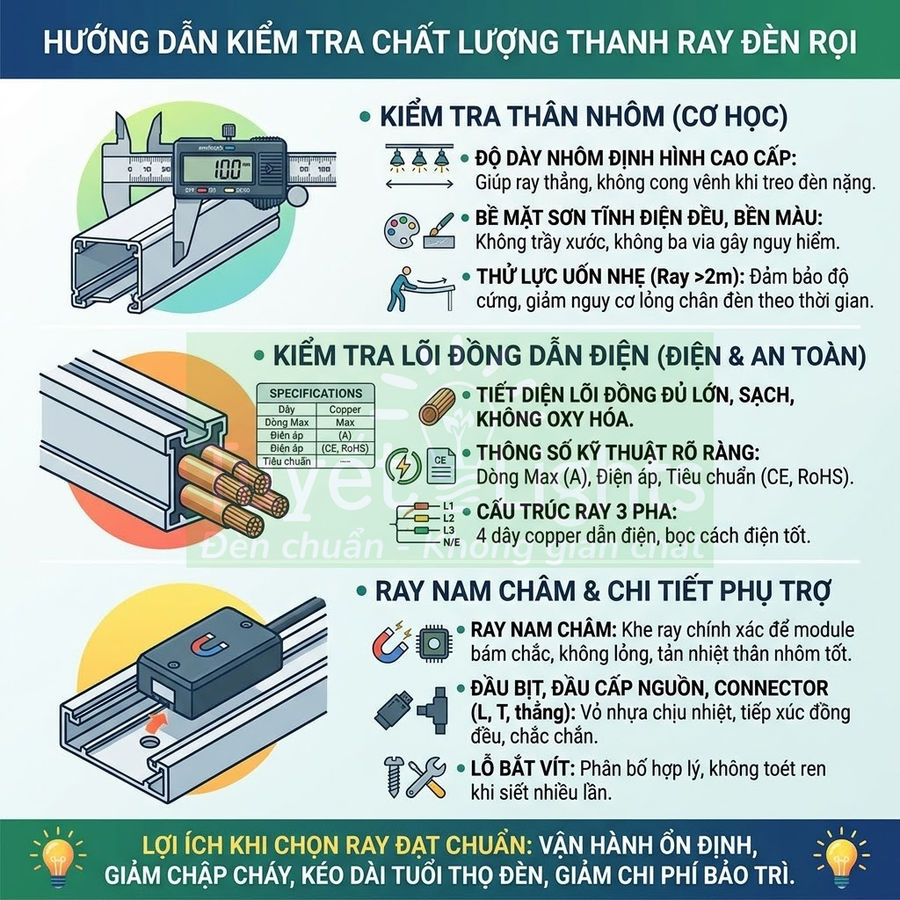 Hướng dẫn kiểm tra chất lượng thanh ray đèn rọi với thân nhôm, lõi đồng dẫn điện và ray nam châm