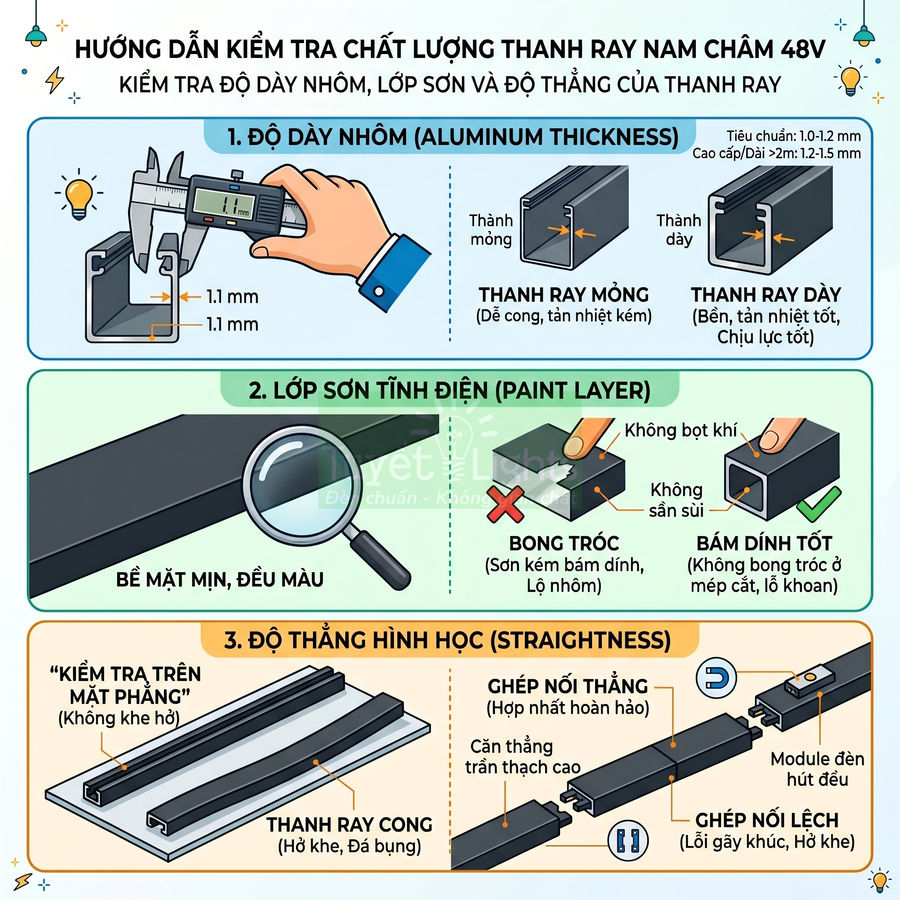 Hướng dẫn kiểm tra chất lượng thanh ray nam châm 48V về độ dày nhôm, lớp sơn tĩnh điện và độ thẳng