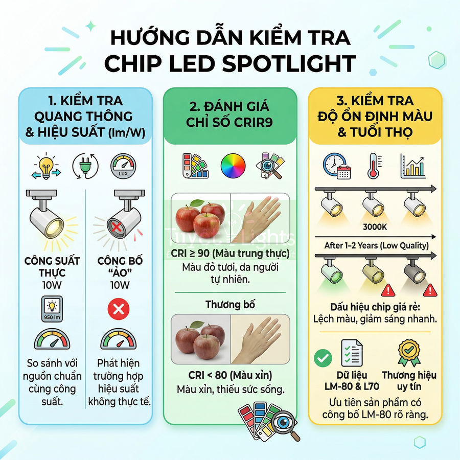 Hướng dẫn kiểm tra chất lượng chip đèn LED spotlight qua quang thông CRI và độ ổn định màu