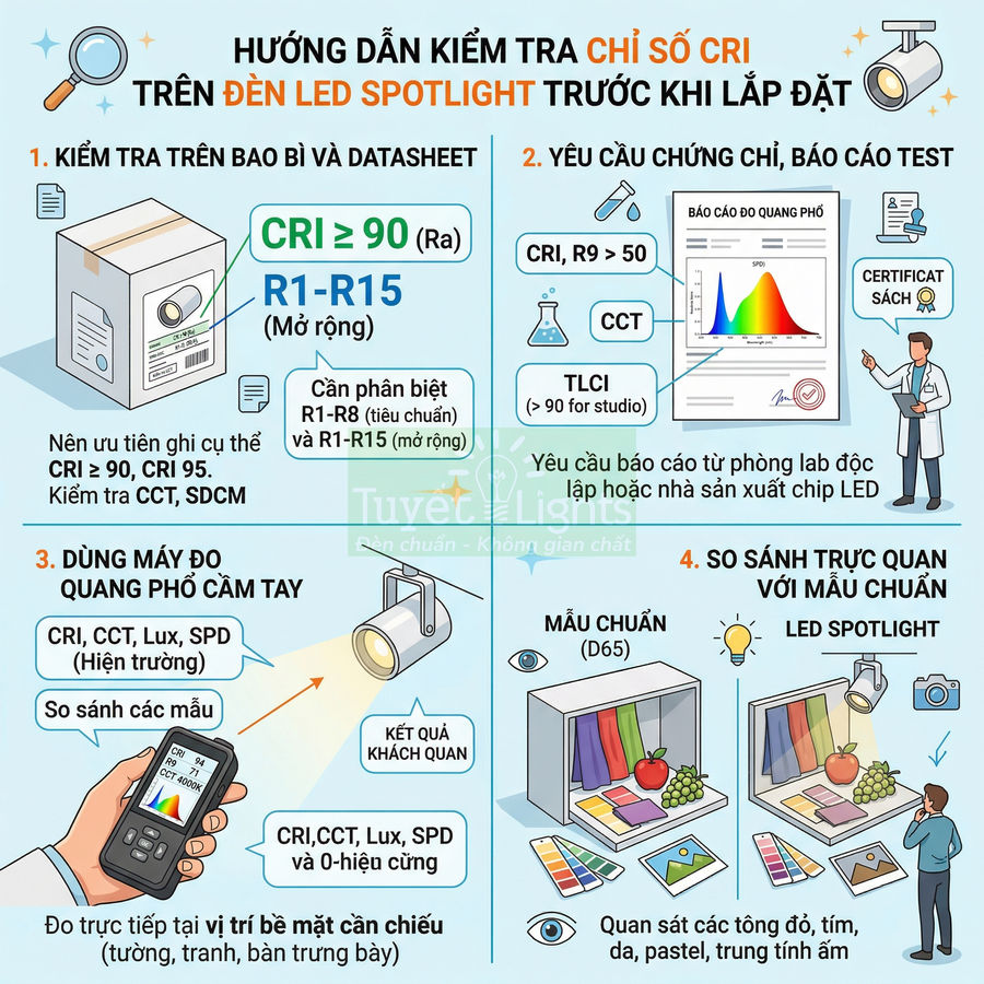 Hướng dẫn kiểm tra chỉ số CRI cho đèn LED spotlight bằng datasheet, báo cáo quang phổ và máy đo cầm tay