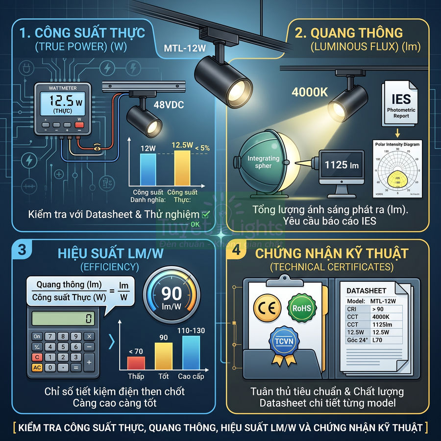 Infographic hướng dẫn kiểm tra công suất, quang thông, hiệu suất và chứng nhận kỹ thuật cho đèn rọi ray LED MTL-12W