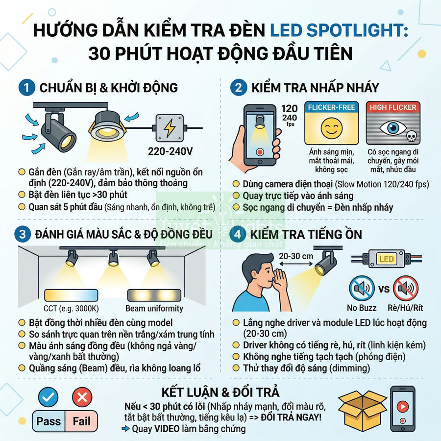 Hướng dẫn kiểm tra đèn LED spotlight trong 30 phút đầu sử dụng, đánh giá nhấp nháy, màu sắc và tiếng ồn