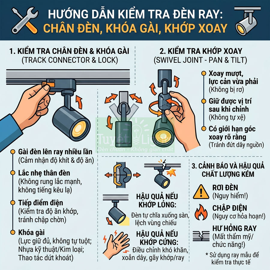 Hướng dẫn kiểm tra và lắp đặt đèn ray chiếu sáng, chú ý chân đèn, khóa gài và khớp xoay an toàn