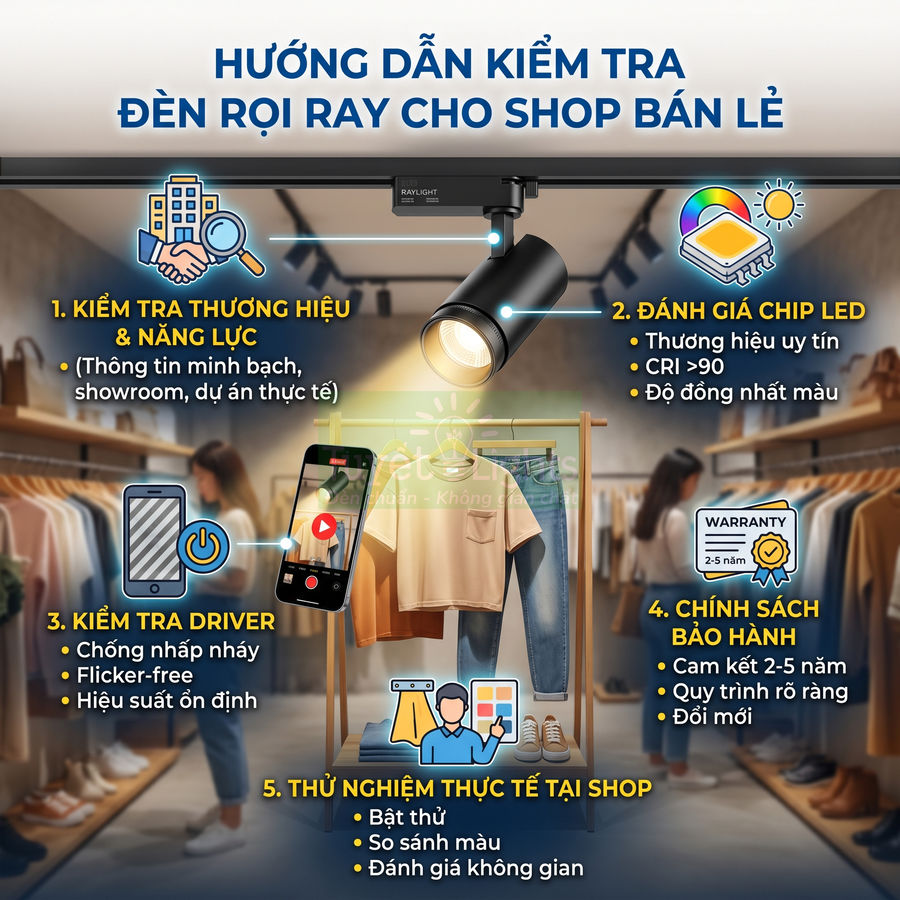 Hướng dẫn kiểm tra đèn rọi ray Raylight cho shop quần áo bán lẻ với các tiêu chí chọn mua và bảo hành