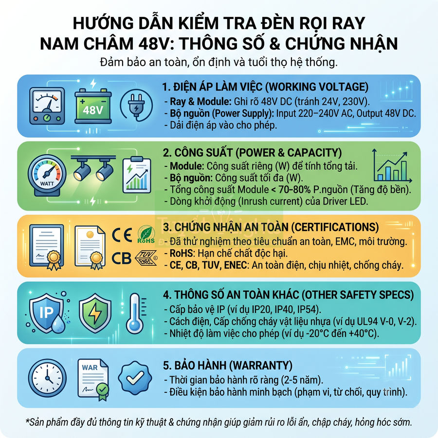 Hướng dẫn kiểm tra đèn rọi ray nam châm 48V với thông số kỹ thuật, chứng nhận an toàn và bảo hành