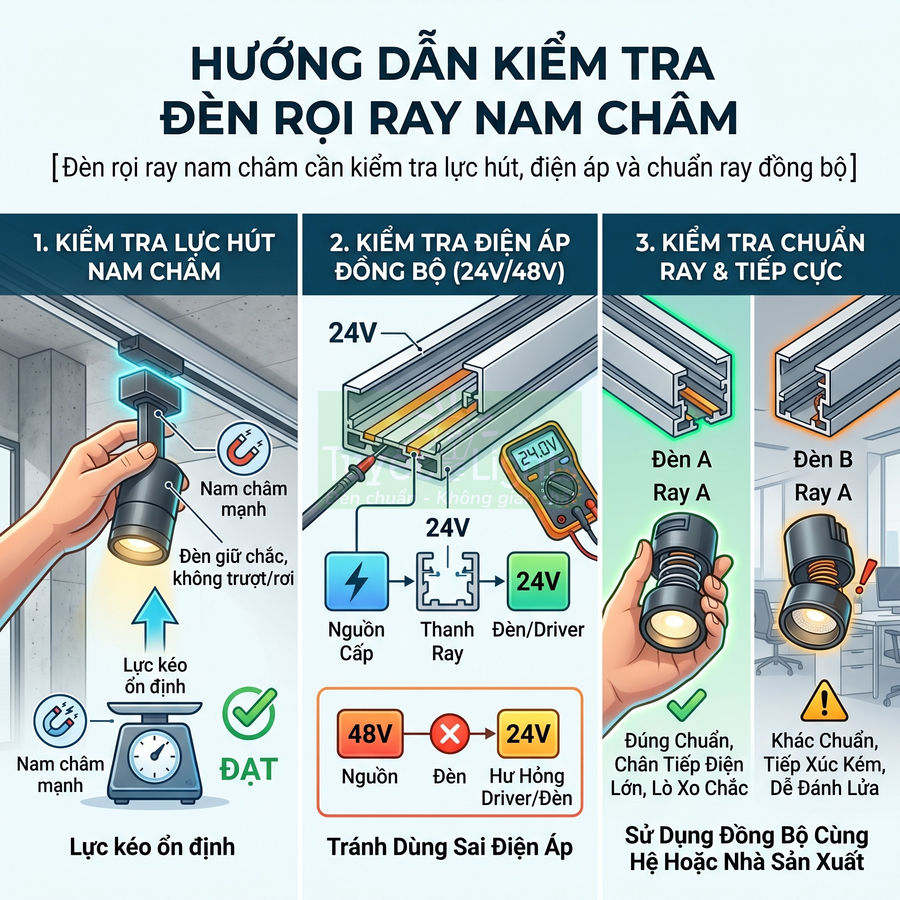 Hướng dẫn kiểm tra và lắp đặt đèn rọi ray nam châm, kiểm tra lực hút, điện áp và chuẩn ray đồng bộ