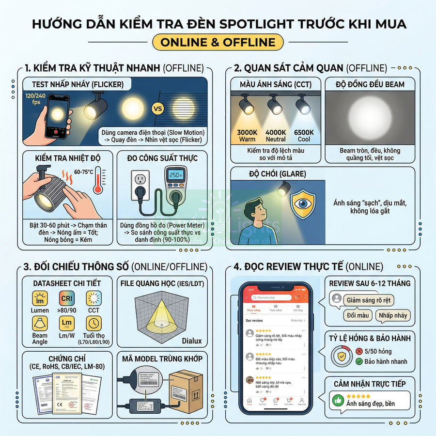 Hướng dẫn kiểm tra và chọn mua đèn spotlight chuẩn, so sánh chất lượng ánh sáng và thông số kỹ thuật