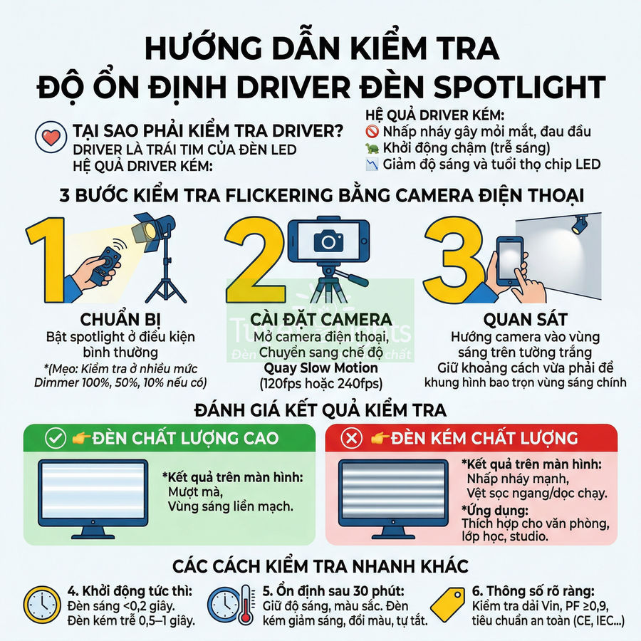 Hướng dẫn kiểm tra độ ổn định driver đèn spotlight LED bằng camera điện thoại