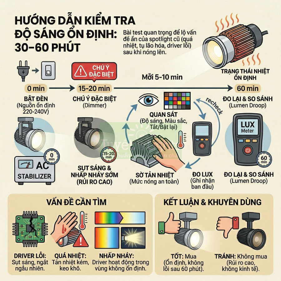 Hướng dẫn kiểm tra độ sáng ổn định và nhiệt độ cho đèn LED spotlight bằng lux meter và các bước quan sát an toàn