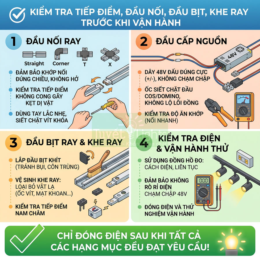 Hướng dẫn kiểm tra đầu nối ray, đầu cấp nguồn, đầu bịt ray và thử vận hành hệ thống đèn ray 48V