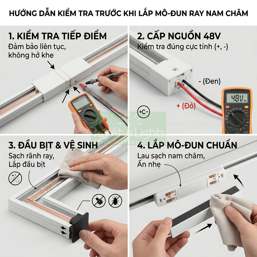Hướng dẫn kiểm tra và lắp đặt ray nam châm đèn LED với đồng hồ đo điện và vệ sinh rãnh ray
