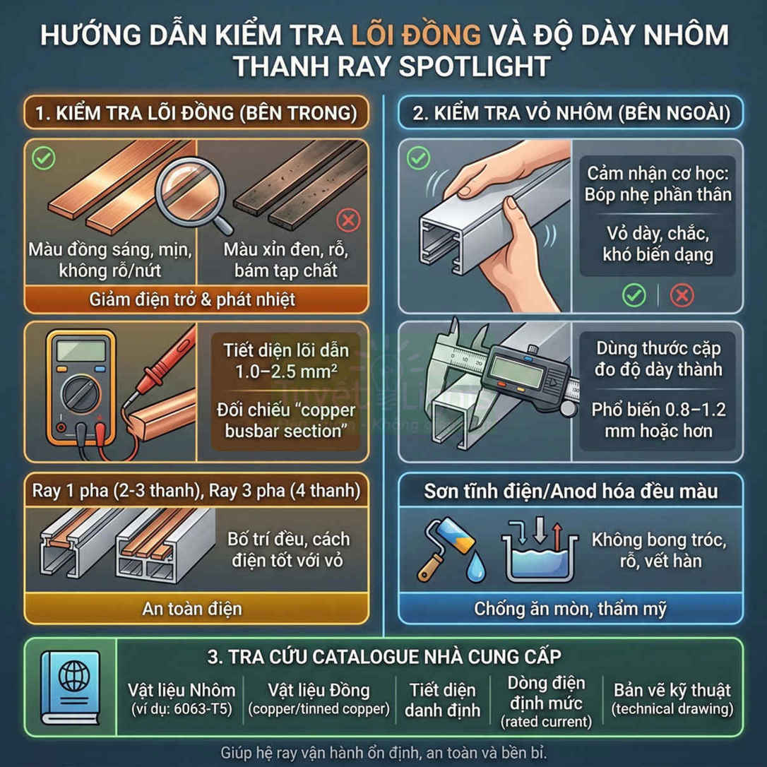 Hướng dẫn kiểm tra lõi đồng và độ dày nhôm cho thanh ray spotlight an toàn và bền bỉ