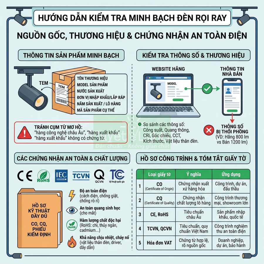 Hướng dẫn kiểm tra minh bạch nguồn gốc, thương hiệu và chứng nhận an toàn điện cho đèn rọi ray