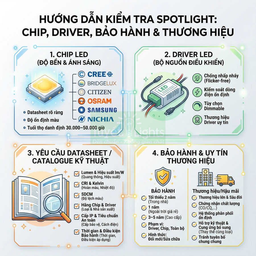 Hướng dẫn kiểm tra đèn LED spotlight về chip, driver, datasheet kỹ thuật, bảo hành và uy tín thương hiệu