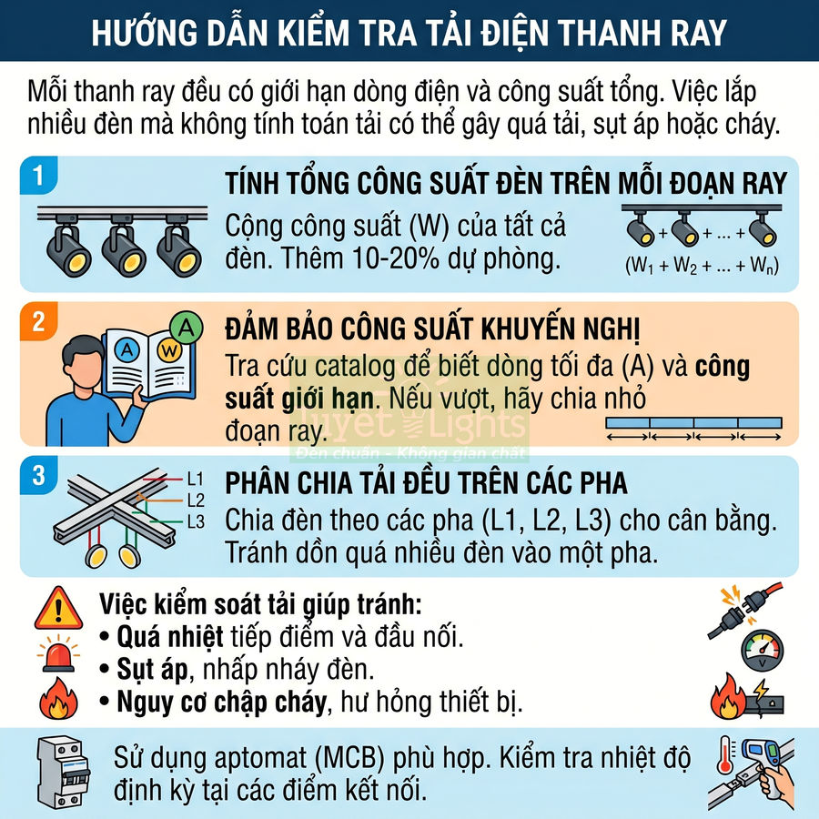 Hướng dẫn kiểm tra tải điện thanh ray cho hệ thống đèn ray nổi, cách tính công suất và phân chia tải an toàn