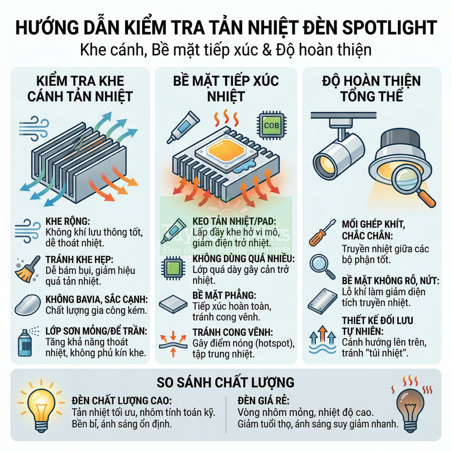 Hướng dẫn kiểm tra tản nhiệt đèn spotlight với khe cánh, bề mặt tiếp xúc và độ hoàn thiện tổng thể