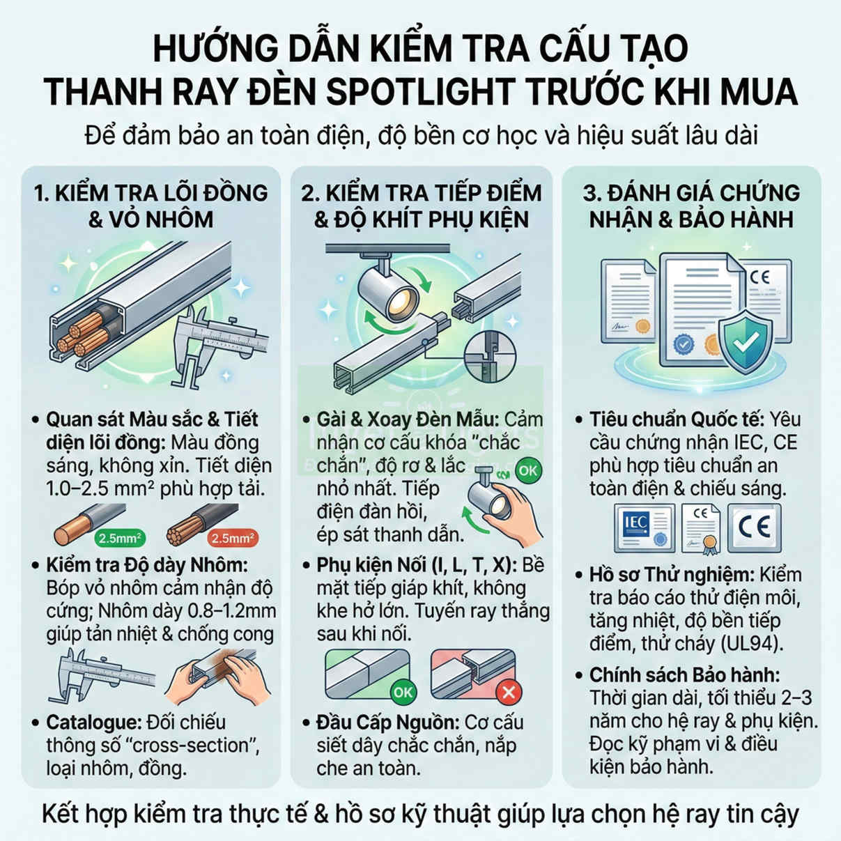 Hướng dẫn kiểm tra cấu tạo thanh ray đèn spotlight, tiếp điểm phụ kiện và chứng nhận bảo hành an toàn