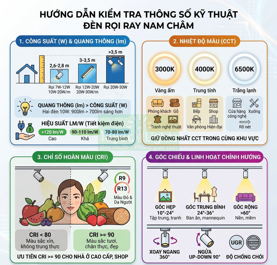 Hướng dẫn kiểm tra thông số kỹ thuật đèn rọi ray nam châm về công suất, nhiệt độ màu, CRI và góc chiếu