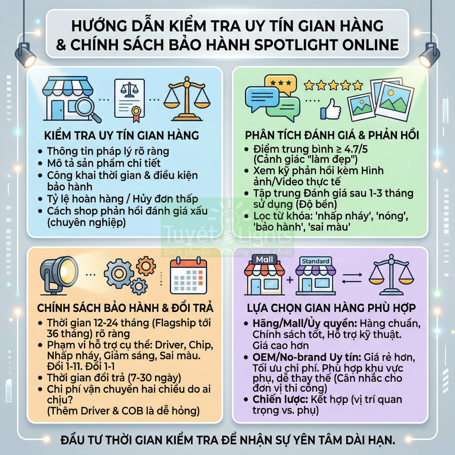 Hướng dẫn kiểm tra uy tín gian hàng và chính sách bảo hành Spotlight Online trên infographic tiếng Việt