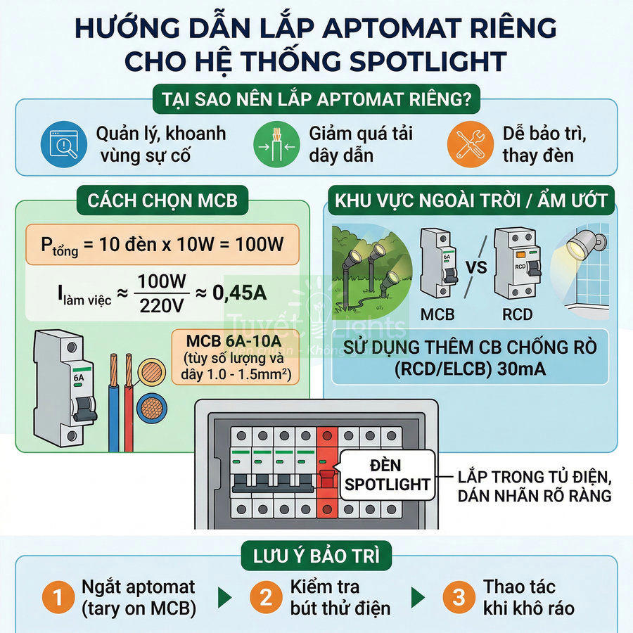 Hướng dẫn lắp aptomat riêng và chọn MCB cho hệ thống đèn spotlight ngoài trời chống rò an toàn