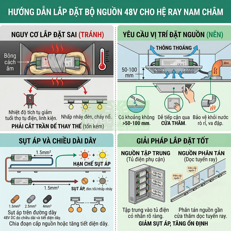 Hướng dẫn lắp đặt bộ nguồn 48V cho hệ ray nam châm, vị trí đặt nguồn, sụt áp và giải pháp lắp đặt an toàn