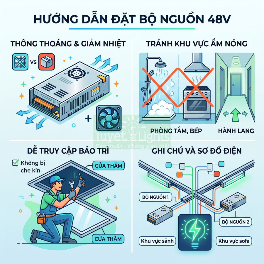 Hướng dẫn lắp đặt bộ nguồn 48V cho đèn, vị trí thông thoáng tránh ẩm nóng và dễ bảo trì, kèm sơ đồ đấu nối điện