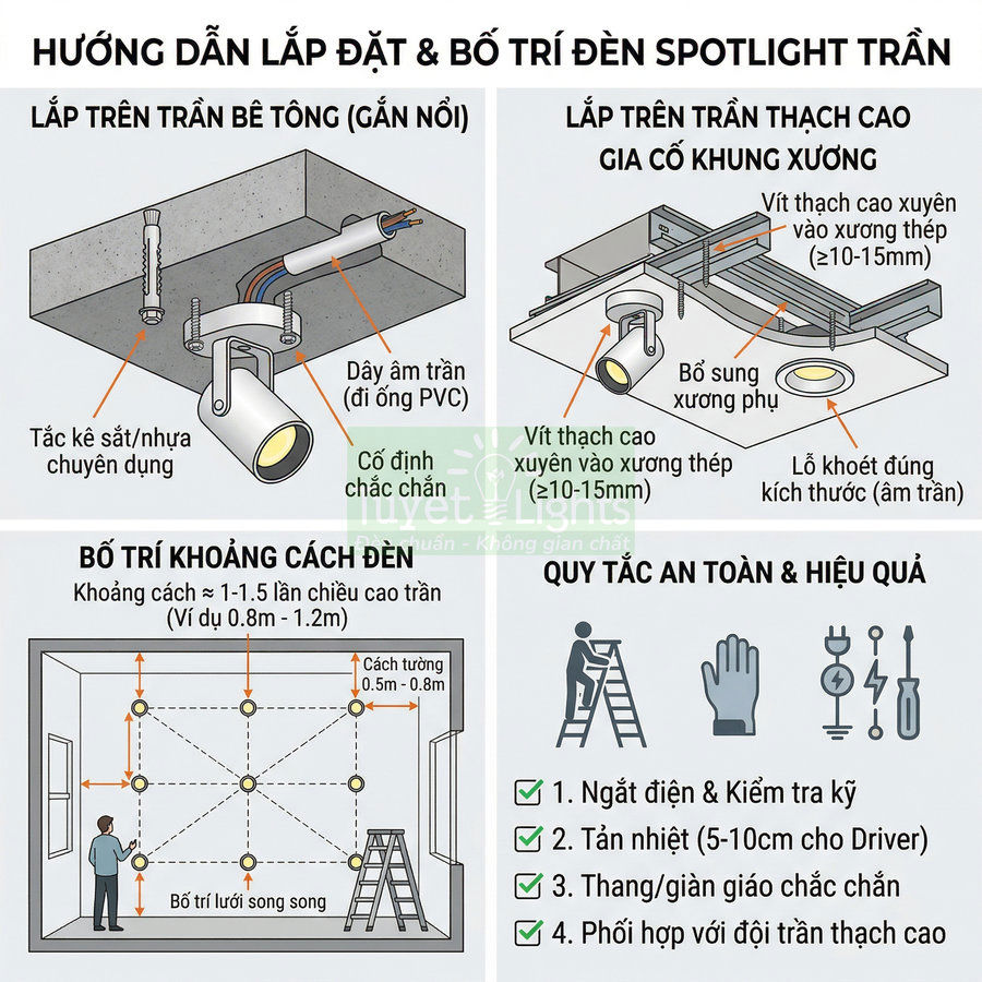 Hướng dẫn lắp đặt và bố trí đèn spotlight trần cho trần bê tông và trần thạch cao