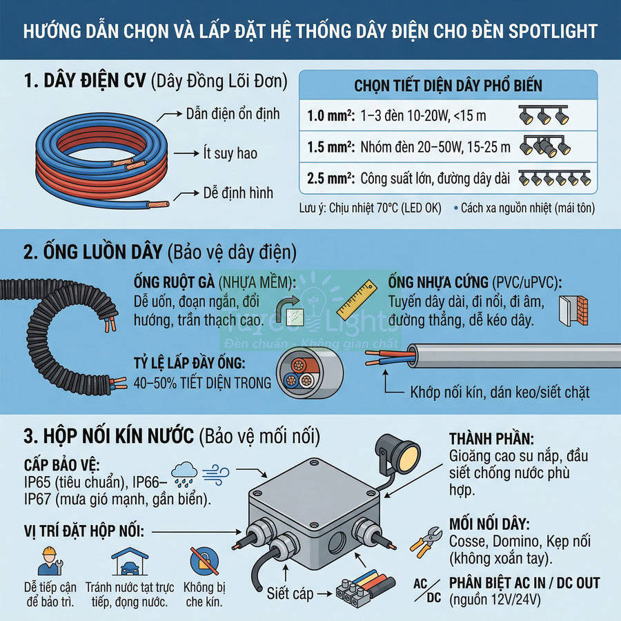 Hướng dẫn chọn dây điện, ống luồn và hộp nối kín nước cho hệ thống đèn spotlight trong nhà và ngoài trời