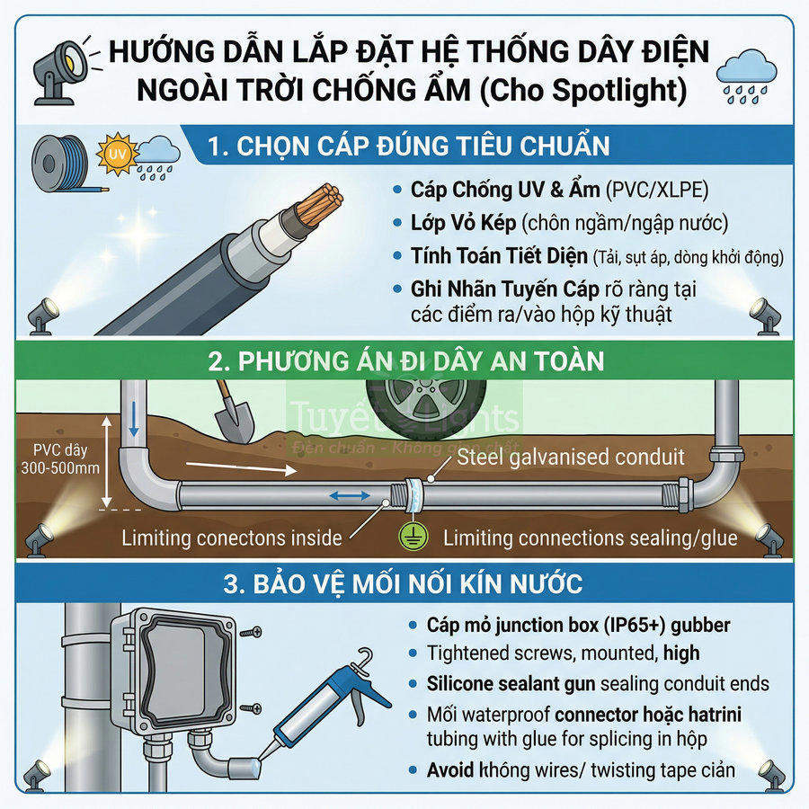 Hướng dẫn lắp đặt hệ thống dây điện ngoài trời chống ẩm cho đèn spotlight với cáp chống UV và hộp nối kín nước