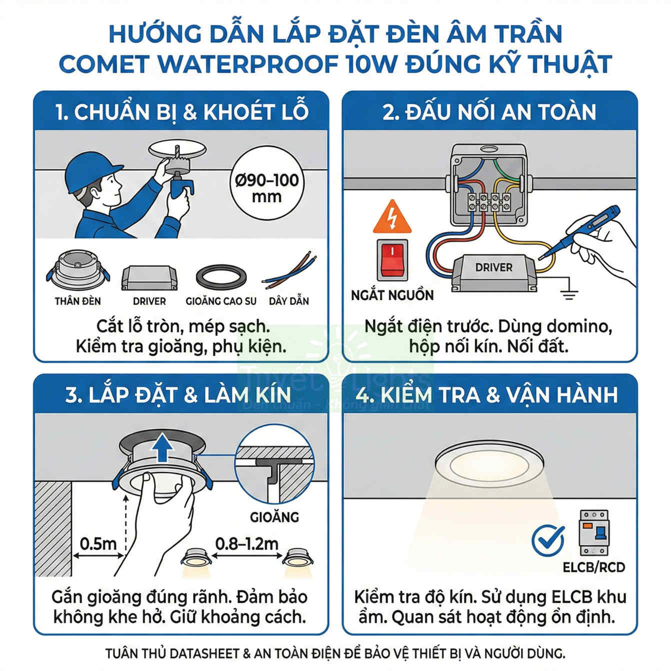 Hướng dẫn lắp đặt đèn âm trần Comet Waterproof 10W với các bước chuẩn bị, đấu nối, lắp đặt và kiểm tra an toàn